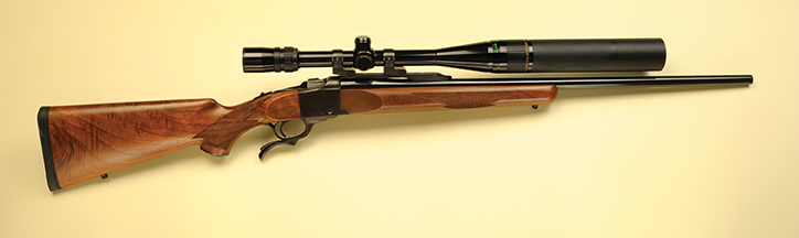 Trzoniec took an off the shelf Ruger No. 1 in .218 Bee and had it rechambered for the 219 Donaldson Wasp. With a B&L 6-24x scope and lens shade extensions, it almost looks like something in years gone by when varmint rifles had those long and impressive Unertl scopes.